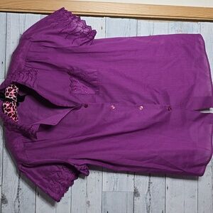 Vintage Rhapsody Purple Floral Embroidered Detailed Button Up Short Sleeve Top